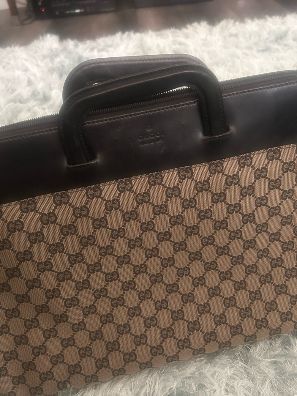 Gucci Men's GG Supreme Briefcase in Beige and Dark Brown Leather